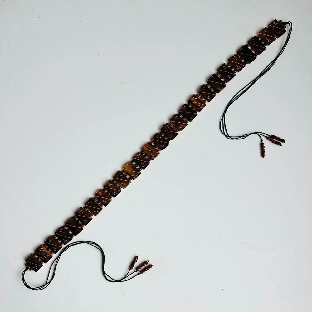 Vintage Wooden Bead Belt Dark Brown Etched Boho Festival Western